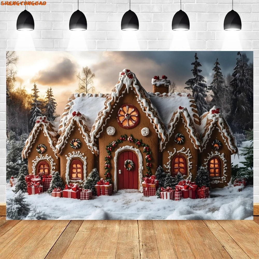 Snowy Gingerbread House การถ่ายภาพพื้นหลังฤดูหนาว Xmas Tree หิมะสีขาว Holiday Decor ฉากหลังเด็ก Portrait Photobooth Props