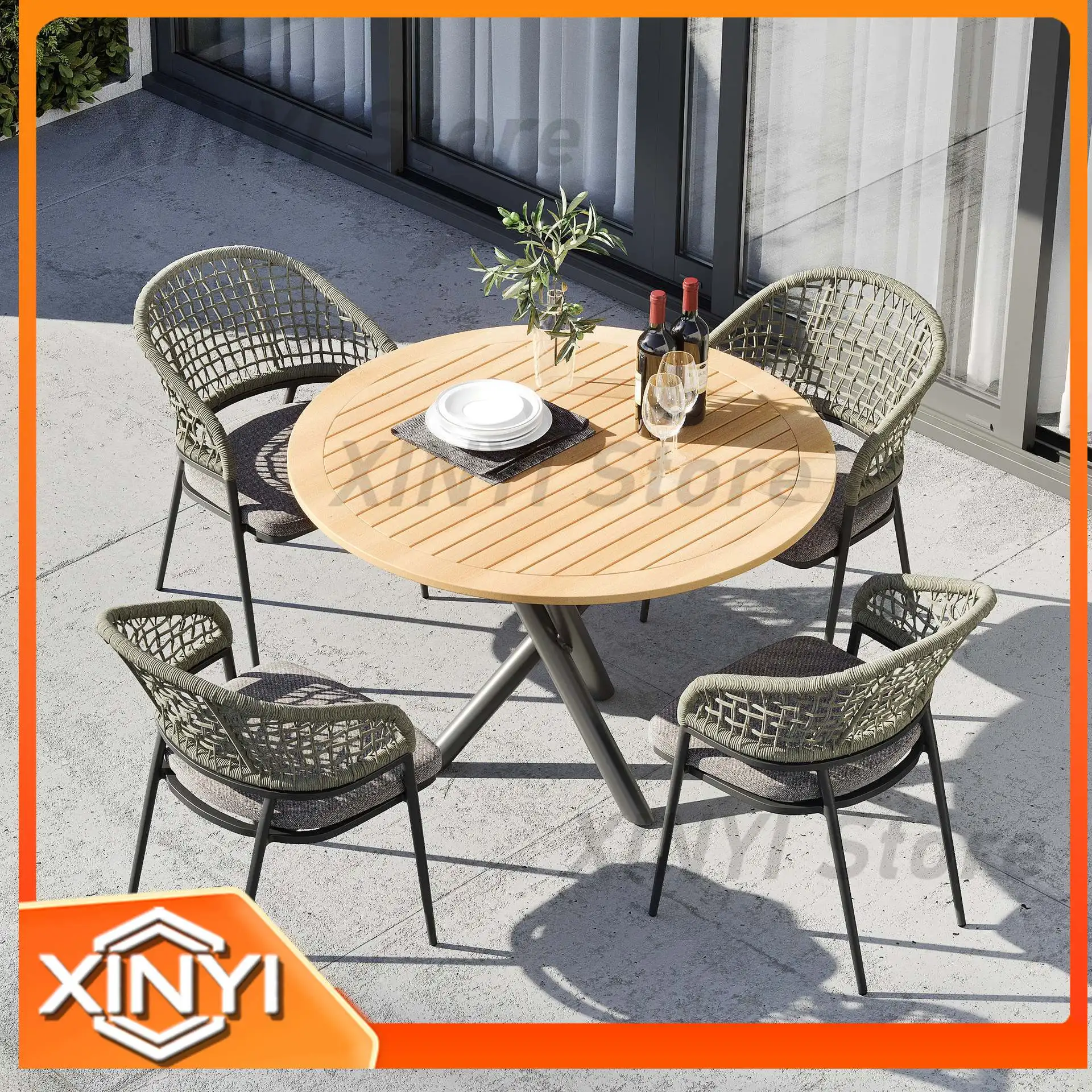 Aluminum Outdoor Patio Furniture Set for Garden Courtyard Balcony Rope Chair for Bubble Tea Shop and Social Media Popular