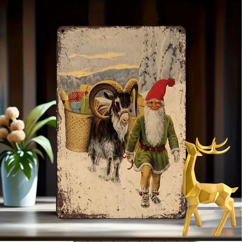 

Vintage Santa Claus & Gnome Metal Sign, Humorous Christmas Art Poster, Perfect for Party Decor, D Unique Holiday Gift