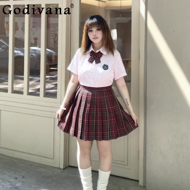 

Plus Size Sweet Japanese Jk Gold Line Crimson Plaid Age-reducing Skirt Cute Bow Solid Color Short Sleeve Versatile Leisure Shirt
