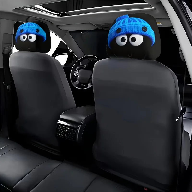 2pcs of Fun Blue Knitted Hats with Cartoon Character Prints as Car Headrest Covers. These Are Interior Decorations for Cars.