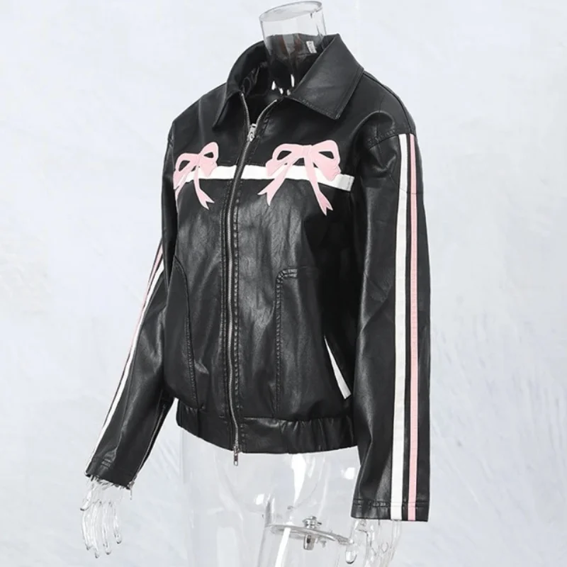 Chaqueta de cuero de imitación para mujer, abrigo cálido de manga larga con lazo bordado, chaqueta Bomber de motocicleta de PU, prendas de vestir informales, Otoño e Invierno