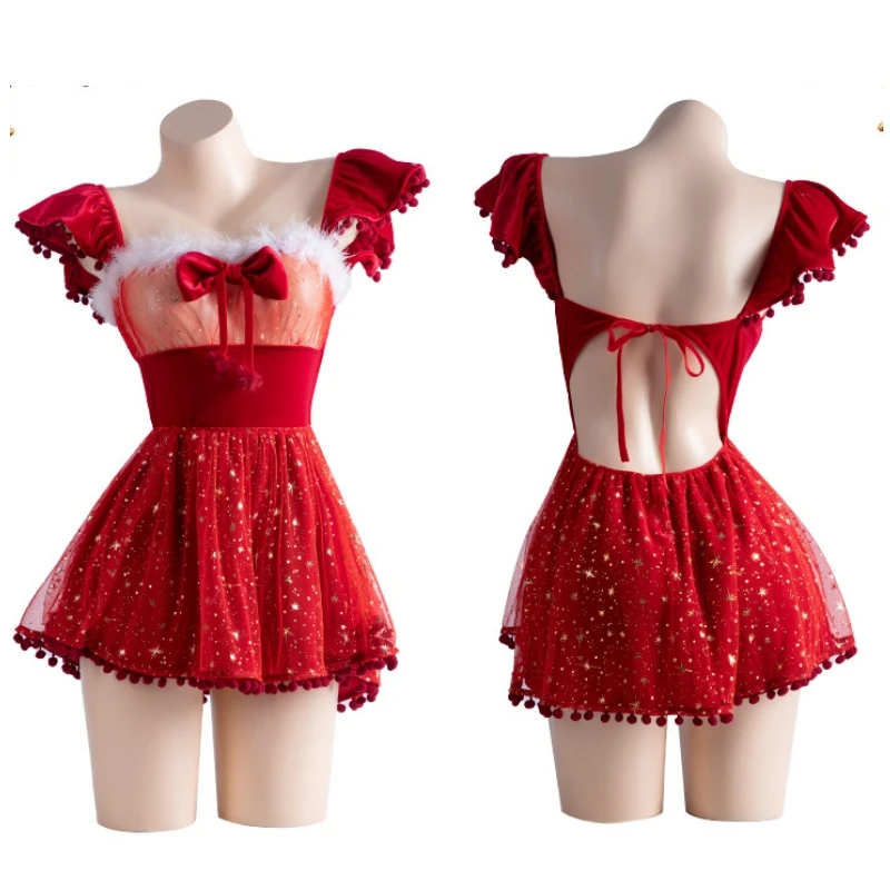 女性のための透明なメッシュドレス,メリークリスマス,サンタクロース,星,きらめき,アニメの服,女の子のためのクリスマスの衣装,コスプレユニフォーム