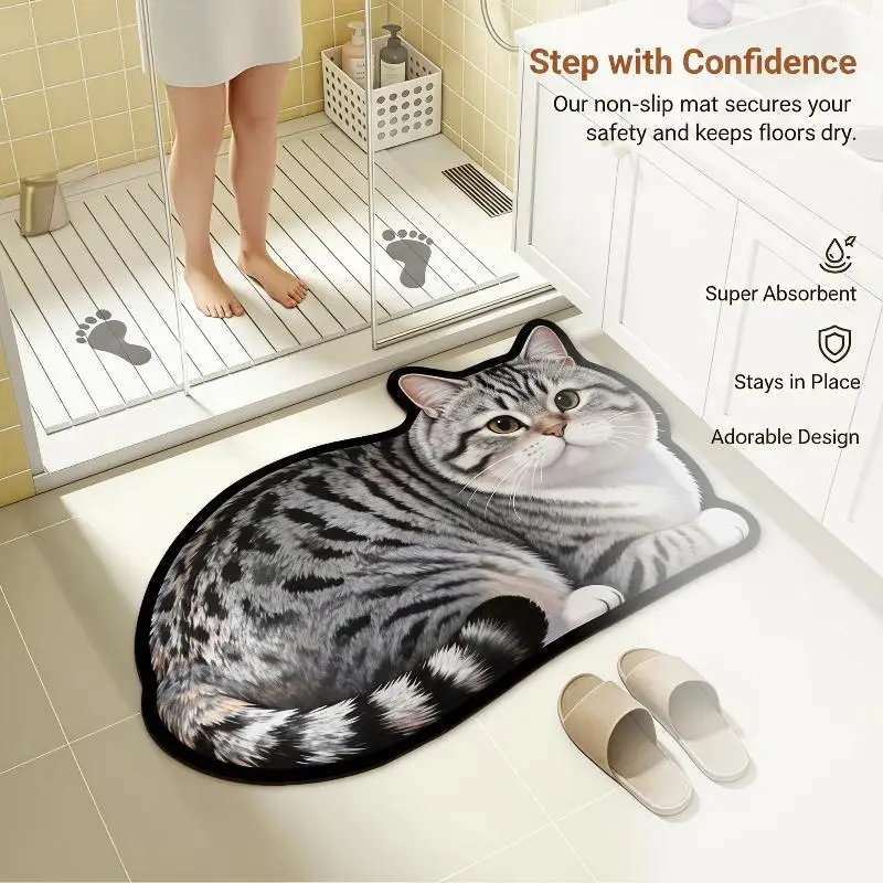 Diatomite Bath Mat Lovely Cat Print Non Slip High Absorbent Quick Dry for Home Bathroom Decor Gift Idea