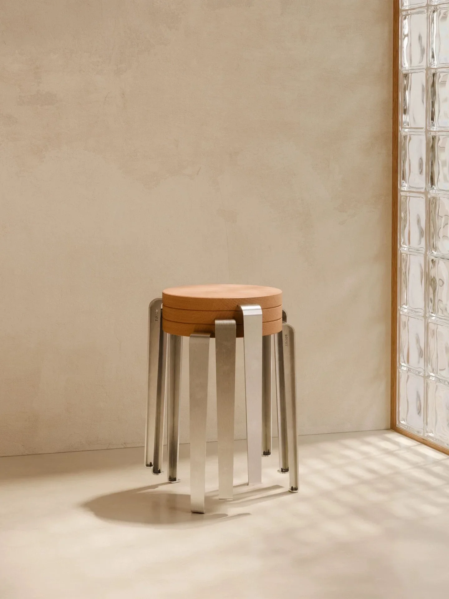 Retro style brushed stainless steel stackable round stool Italian solid wood living room side table low shoe changing stool