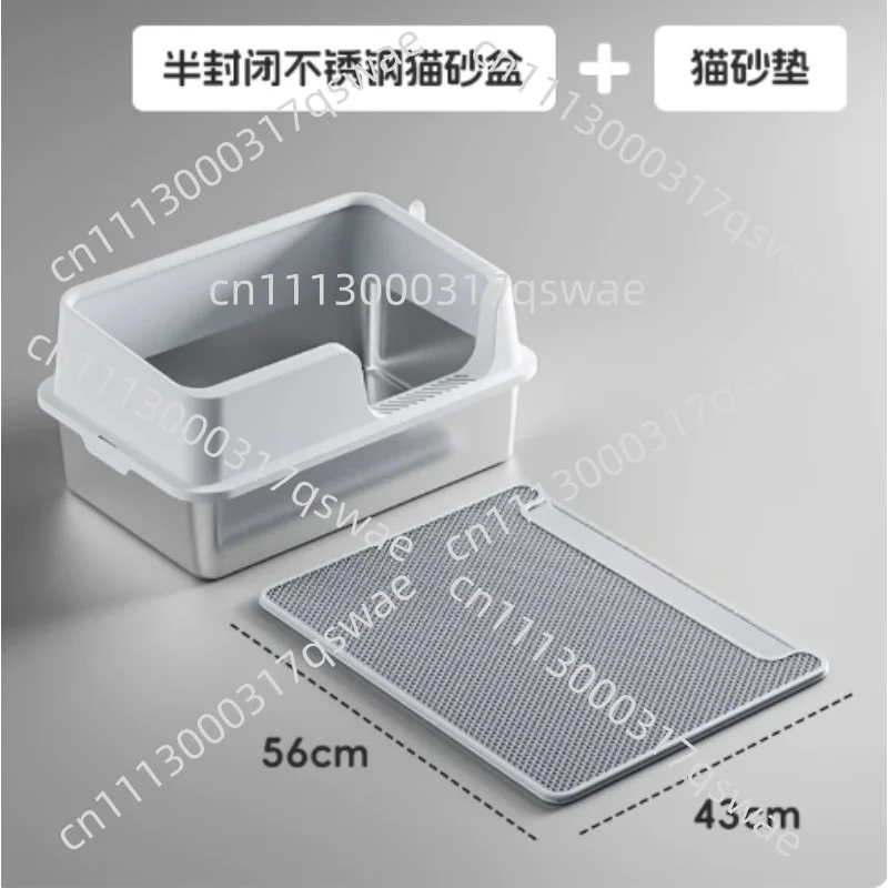 Stainless Steel Cat Litter Box Semi Enclosed Splash Proof Large Cat Toilet Durable Pet Litter Tray Easy Clean