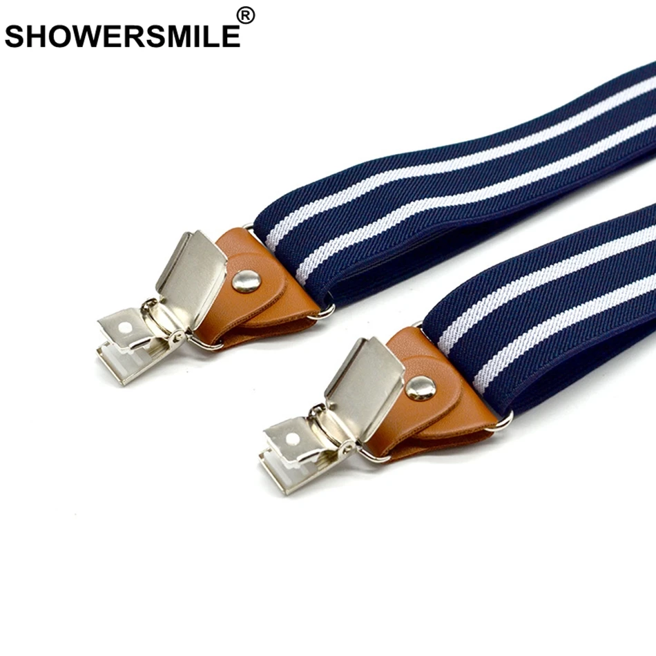 SHOWERSMILE Men Suspenders Belt Navy Unisex Women Suspender Adult Stripe Braces Leather Adjustable 3 Clips Male Pants Straps Man