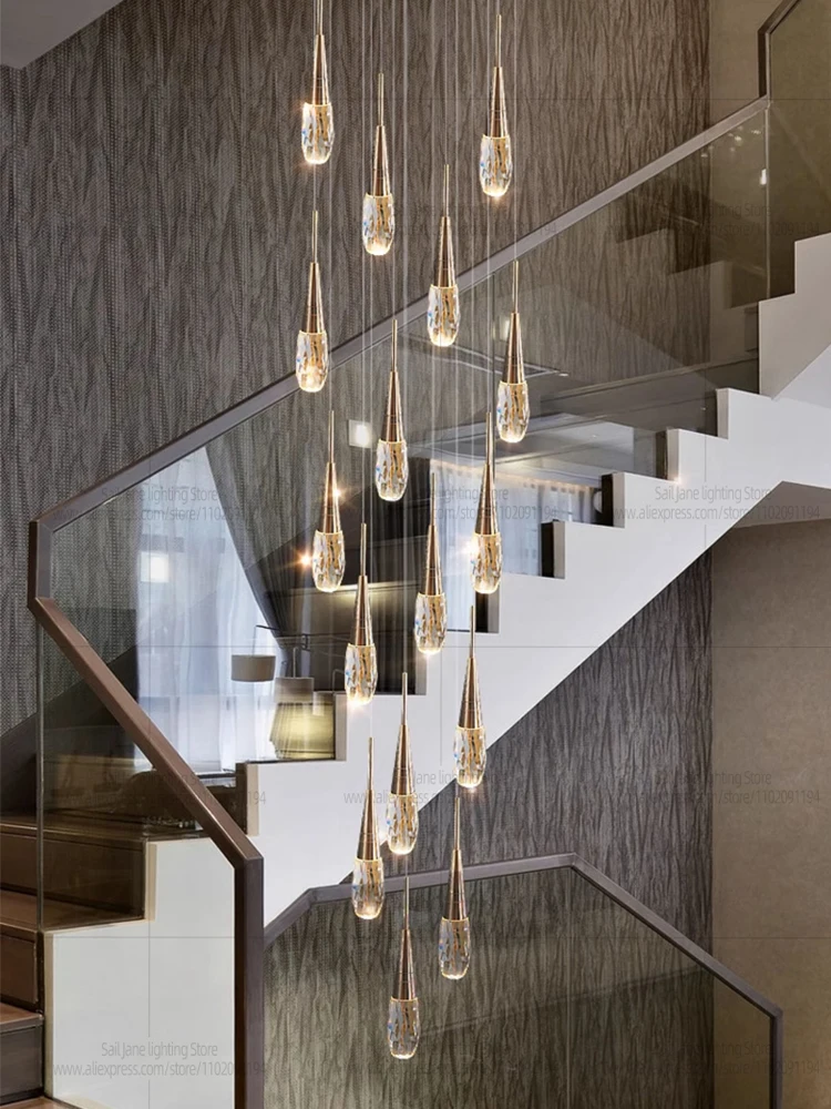 

LED Crystal Staircase Chandelier Villa Double Attic Light Living Room Ceiling Light Dining Room Pendant Light Indoor Lighting