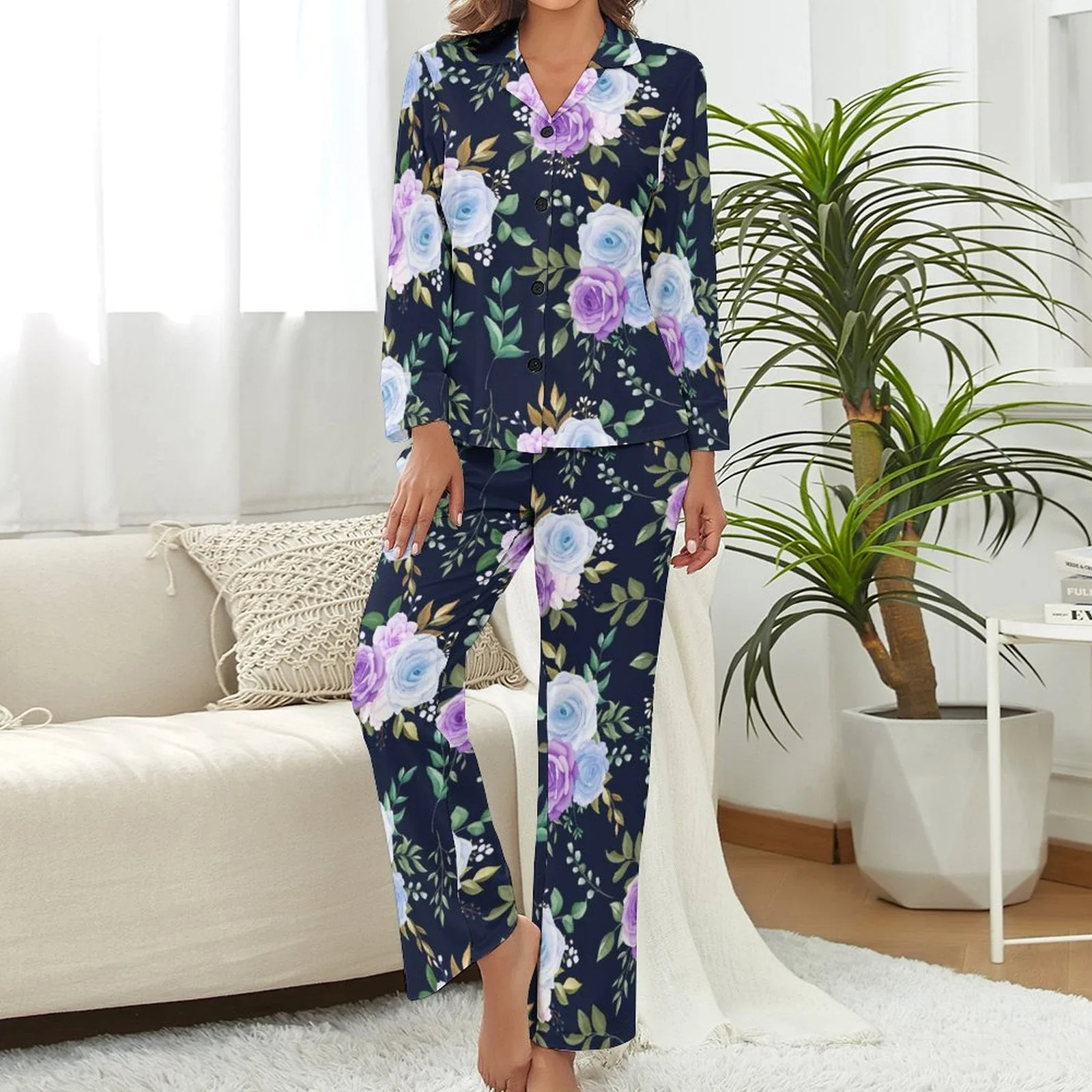 Buysing Women's Pajamas Set Two Pieces Family Pajama Flower Print Couple Lingerie Winter Sleeping Pajamas Luxury Women Gifts