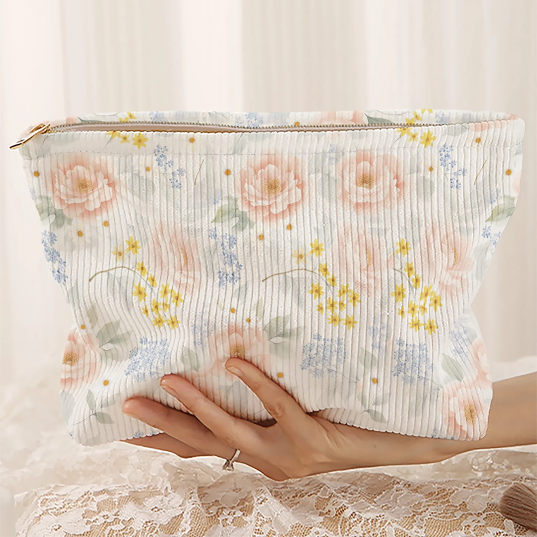 Makeup Bag Pink Floral 2D Print Friendly Corduroy Fabric Wear-Resistant Wrinkle-Resistant Three-Dimensional Capacity