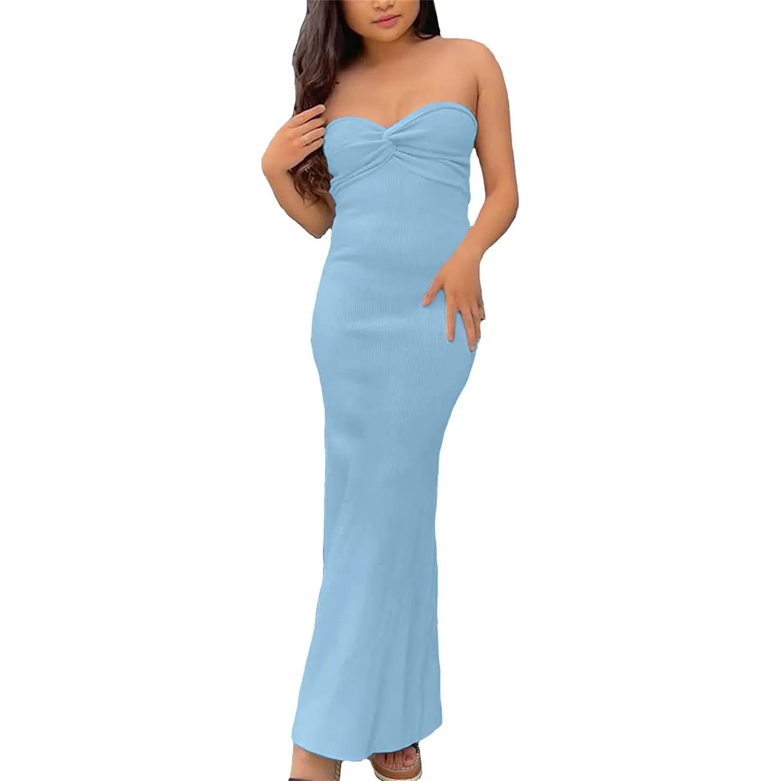 Women's Summer Sexy Casual Low Cut Bra Solid Knitted Split Wrap Long Dress Slim Boho Beach Dresses