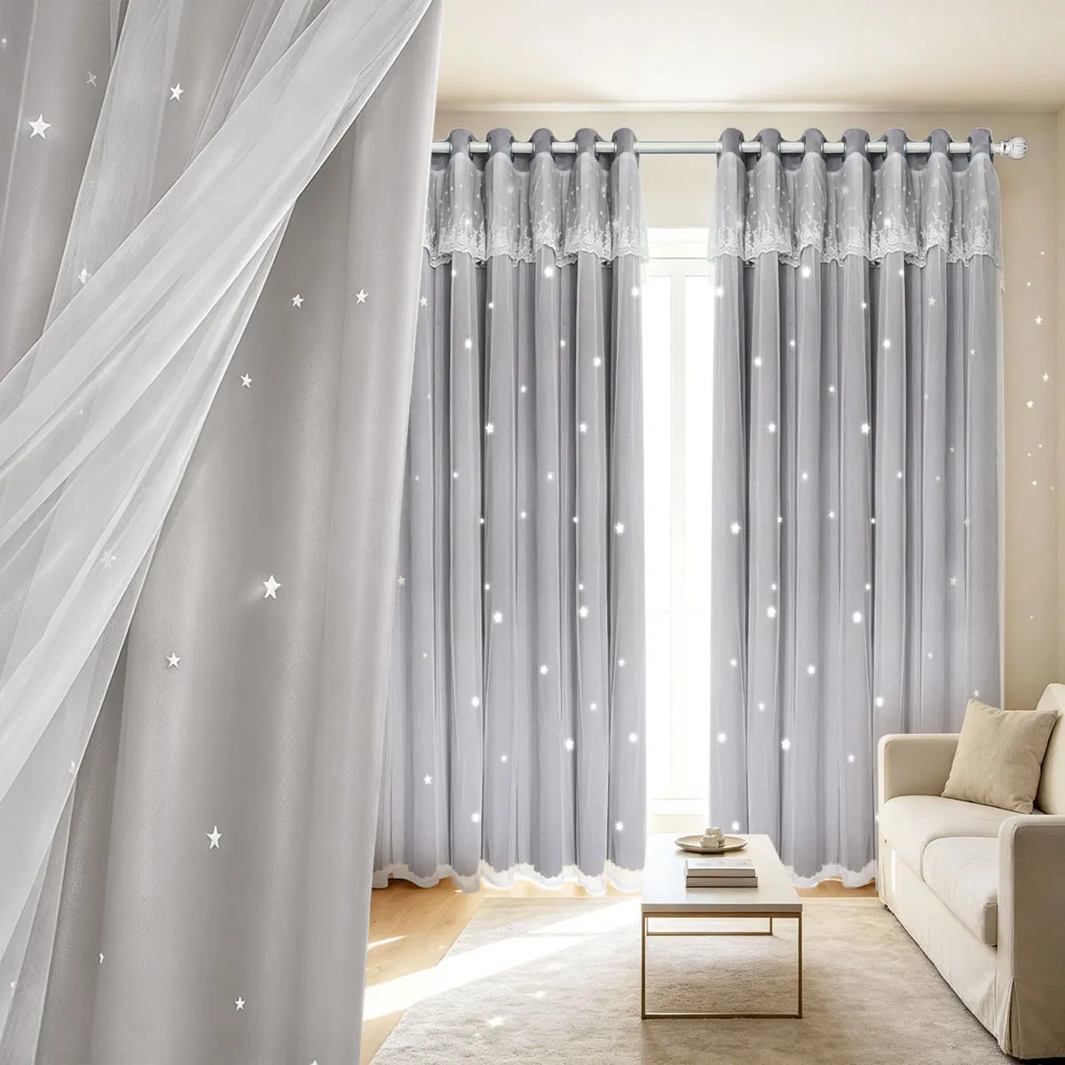 2Pcs Gray Double Layer Star Hollow Grommet Curtains, Lace Sheer Drape, Soft Floor Window Curtain For Bedroom