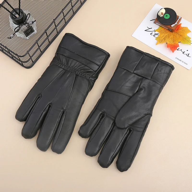 Cross-Border Fur Men's Leather Gloves Winter Riding Motorcycle Windproof Warm Gloves Thickened Leather Patchwork Real Leather Gl