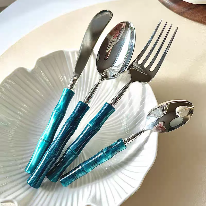 New Resin Cutlery Bamboo Style 18/10 stainless steel 304 Classical Flatware Dinnerware Set Silver Drop Shipping