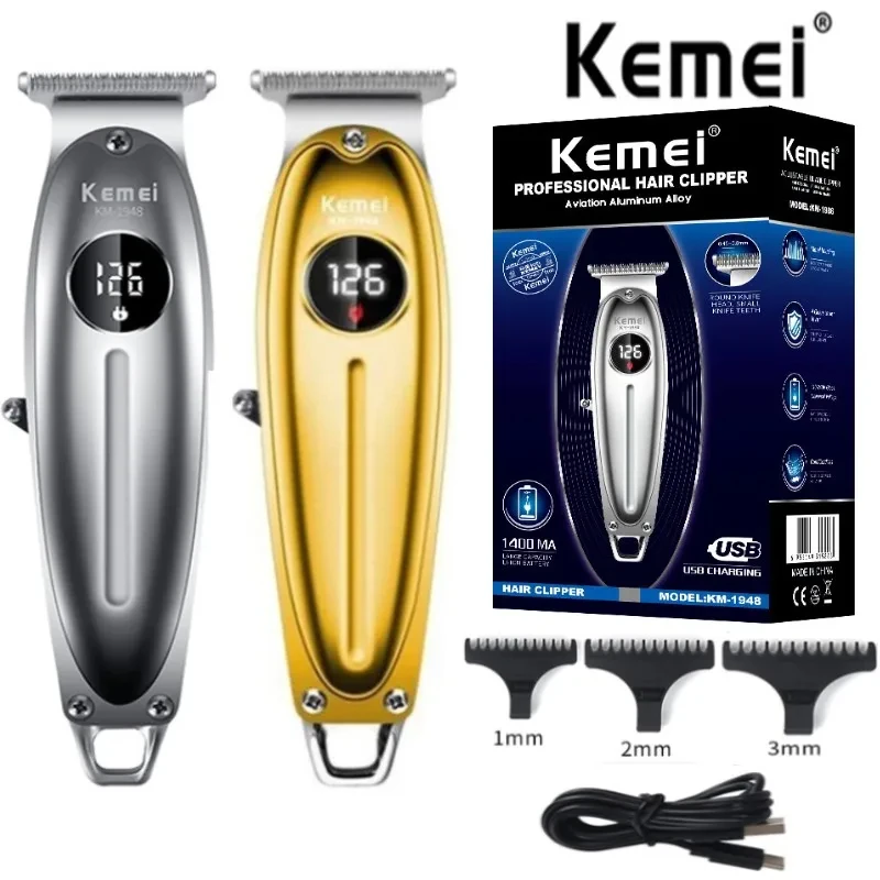 Kemei KM-1948 Golden Professional Hair Trimmer LED Display Metal Hair Clipper USB Charging Electric Men'S Hair Clipper