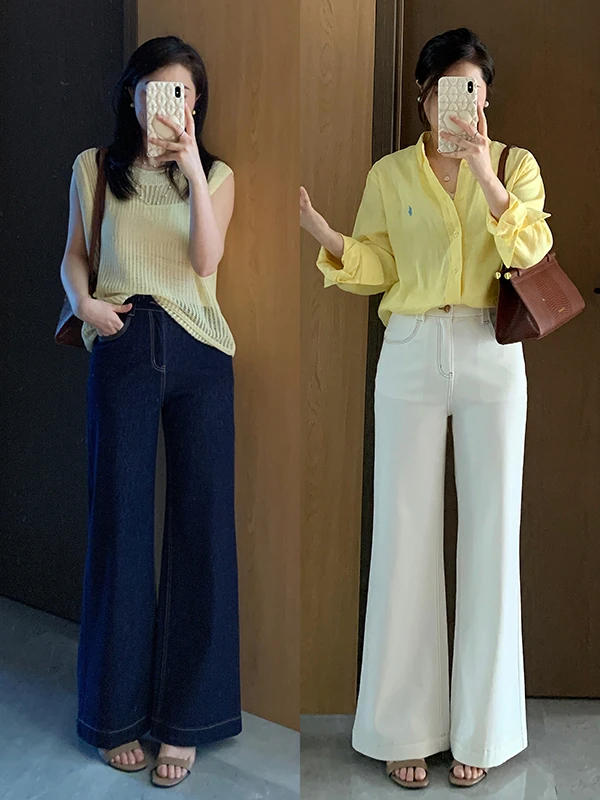 

Spring Summer Vintage Style Ruffle Hem Straight Leg Super Slim Fit Four Way Stretch Denim Pants High Waist Cotton Blend
