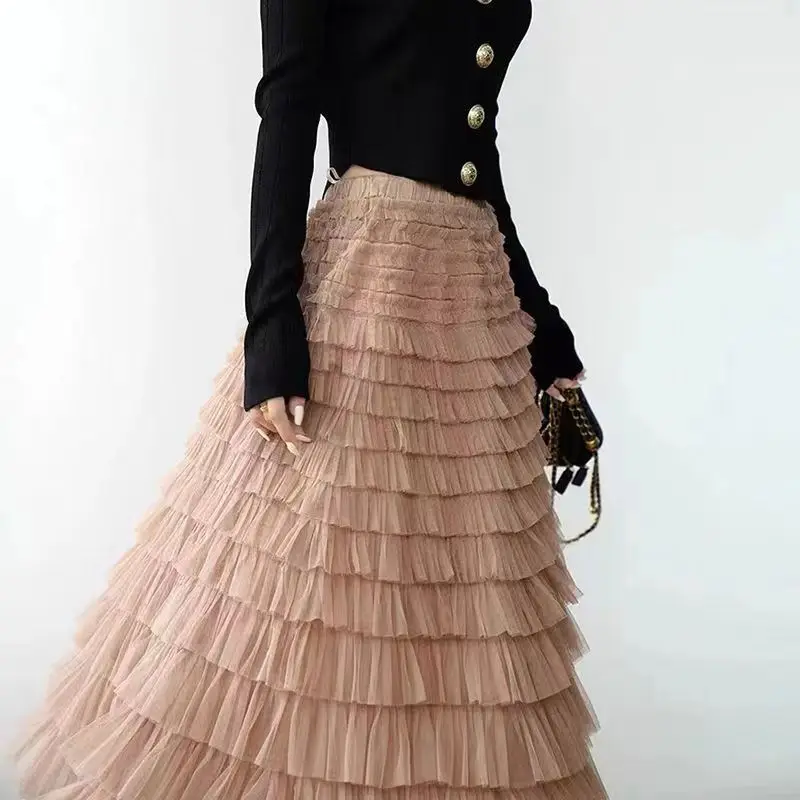Sommer Frühling Damen Mehrschichtiger Rüschen Tüllrock Plissee Hohe Taille Flauschiger Maxirock Feenkuchenkleid Langer Tutu Partyrock – Detail 15