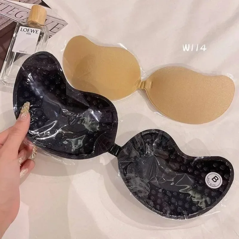 Ropa interior sin tirantes de Mango de silicona para mujer, sujetador Invisible con cubierta de pezón, sin costuras de realce Bralette, lencería Sexy con pegatina para el pecho, 1/2 piezas