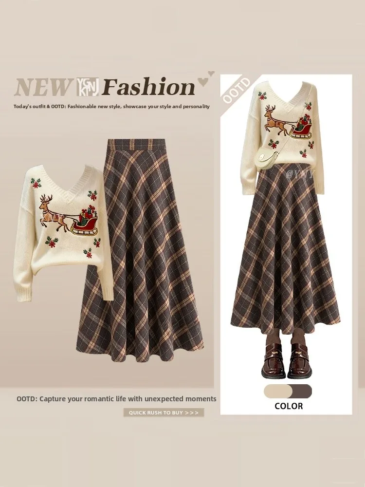 

Loose Knitted V-Ne Sweater Plaid Skirt Women's Autumn Winter Faion Simple Vintage Clothing Set Casual Universal
