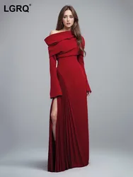 LGRQ Women's Evening Party Dress Fashion Slash Neck Long Sleeve Irregular Pleated Patchwork Elegant Dresses 2024 Summer Clothes