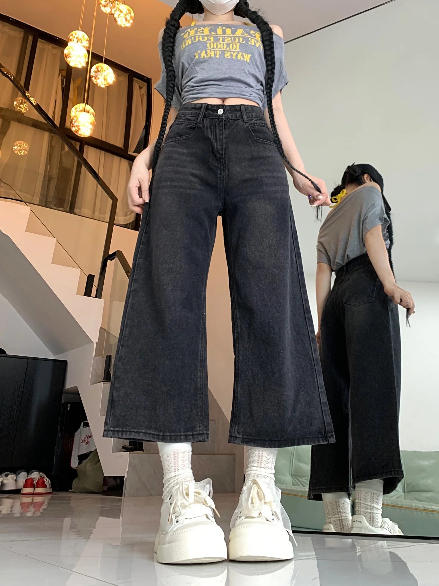 High Waist Wide Leg American Sle Denim Jeans Women Loose Fit Straight Leg Pants Autumn New Sle plus Size Slimming Eighteen