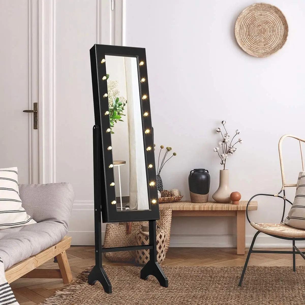 Standing Jewelry Armoire with 18 LED Lights Around the Door, Large Storage Mirrored Jewelry Cabinet with Full Length Mirror