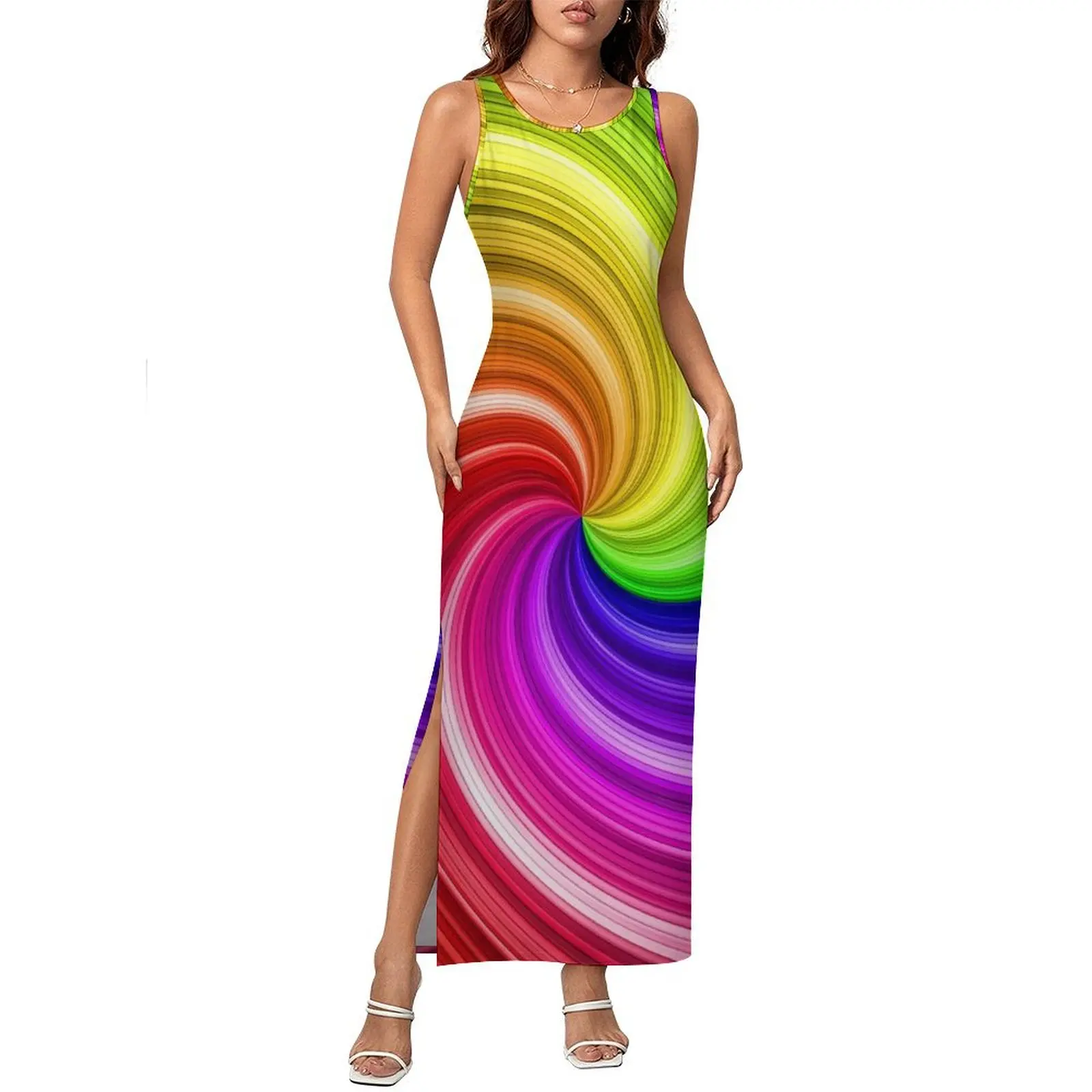 امرأة ملونة التعادل صبغ فستان قوس قزح دوامة الفن الشارع نمط Bodycon فستان الربيع بلا أكمام فساتين ماكسي عادية كبيرة الحجم Vestido