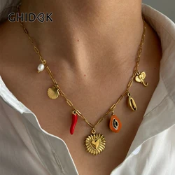 GHIDBK Boho 18K Gold Plated Freshwater Pearl Red Enamel Pepper Shell Heart Pendant Necklace Women Beach Party Gift Waterproof