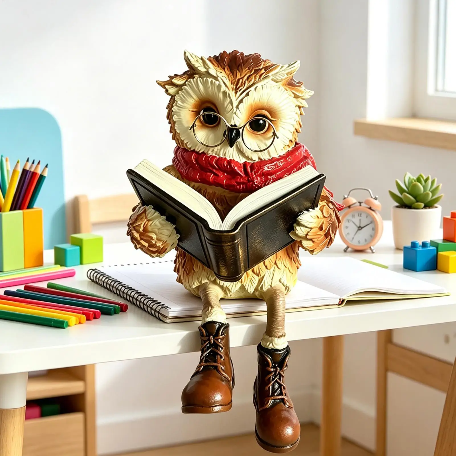 Reading Owl Figurine Creative Owl Statue with Glasses Scarf Boots And Open Book, Reading Owl Sculpture for Book Nook Shelf Decor