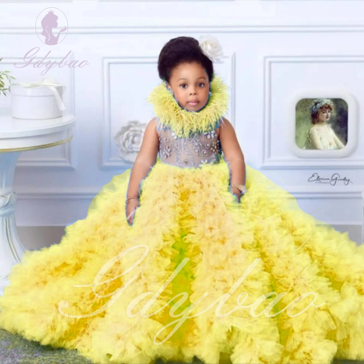 

Yellow Layered Flower Girl Dress For Wedding Beaded Tulle Puffy Feather Sleeveless Princess Kids Birthday First Communion Gown