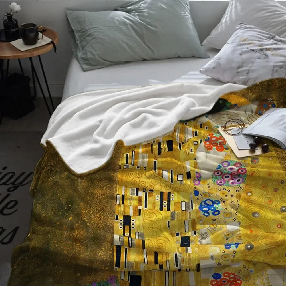 Gustav Klimt The Kiss  Nap Flannel Blankets Super Soft Cozy Throw Blanket Warm Bedspread Travel Sofa Cover