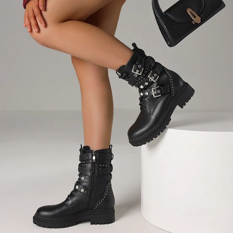 النساء فاسق أحذية قتالية الخريف الكاحل مشبك حزام رصع اللؤلؤ الراين الجانب سستة منصة الدانتيل يصل أحذية الخريف #2