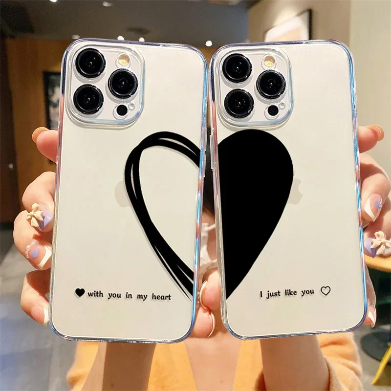 Etui na telefon Black Love Heart Couple Paired do iPhone 15 16 14 11 12 13 Pro Max Mini 7 8 Plus X XS XR SE Clear Fundas Cover Shell