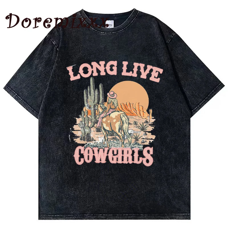 

Vintage Women Oversized Tees Loose Washed T Shirt Summer Simple Style Long Live Cowgirls Equestrian Print Y2k Top Women Clothing