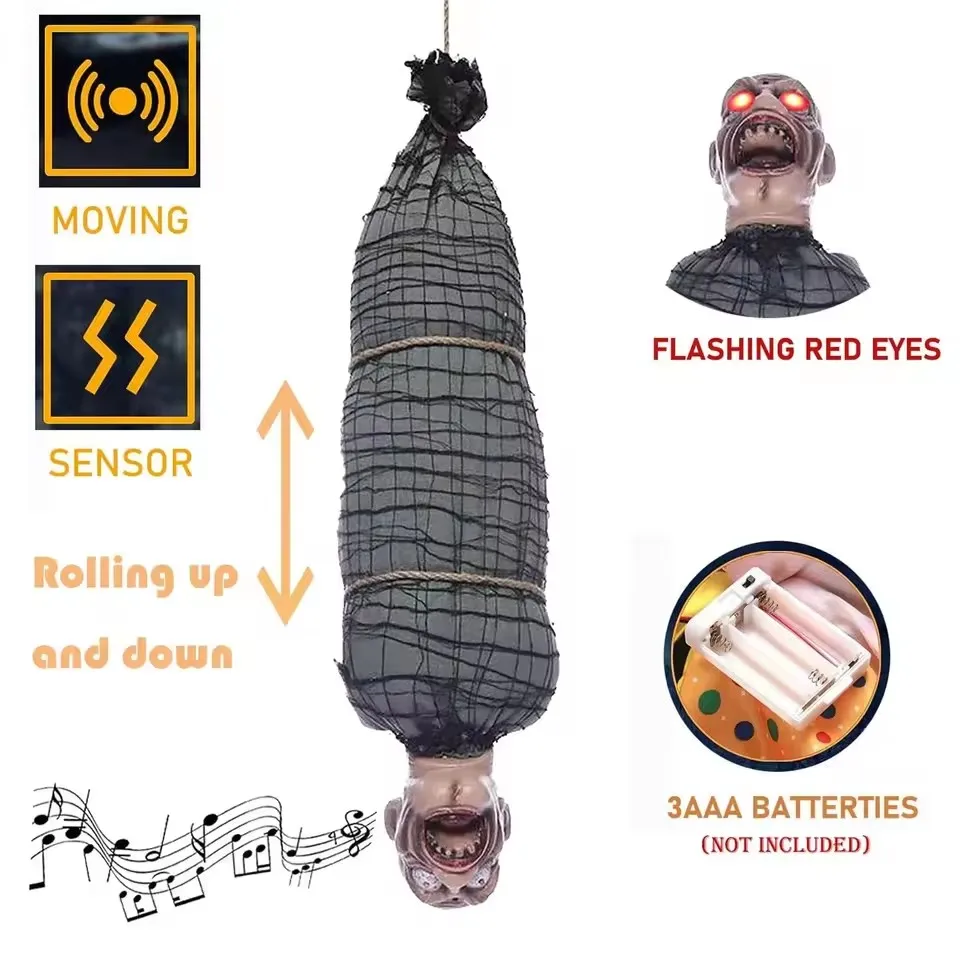 2.46 Ft Halloween Hanging Animated Corpse With LED Light Up Eyes Talking & Shaking Scary Ghost Sound Effect For Halloween Decor - Image 4
