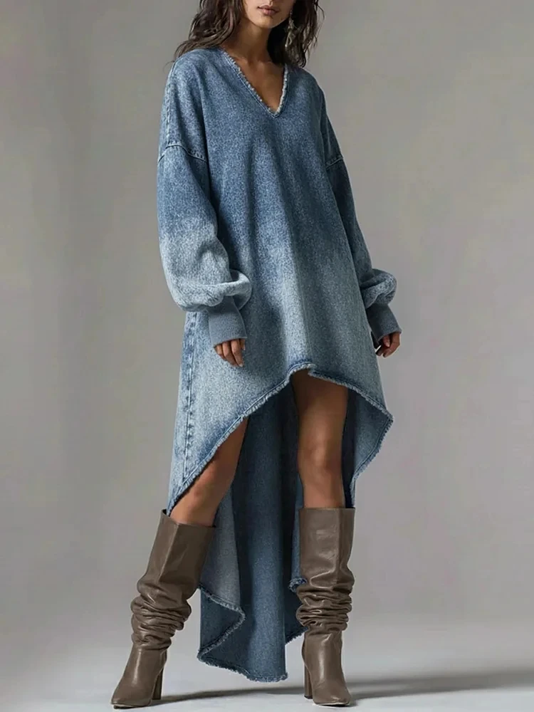 Damen Oversize Jeans-Maxikleid mit V-Ausschnitt, Ausgefransten Kanten, Asymmetrischem Saum, Langen Ärmeln und Lässigem Schnitt