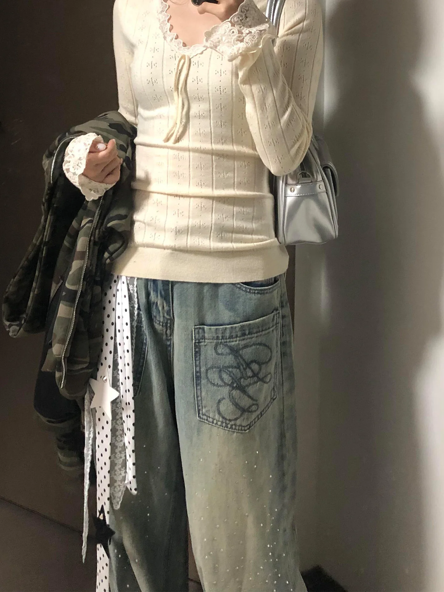 Cintura alta bordado diamante fla Thiened perna reta jeans feminino outono inverno novo sle americano sle zíper closu...