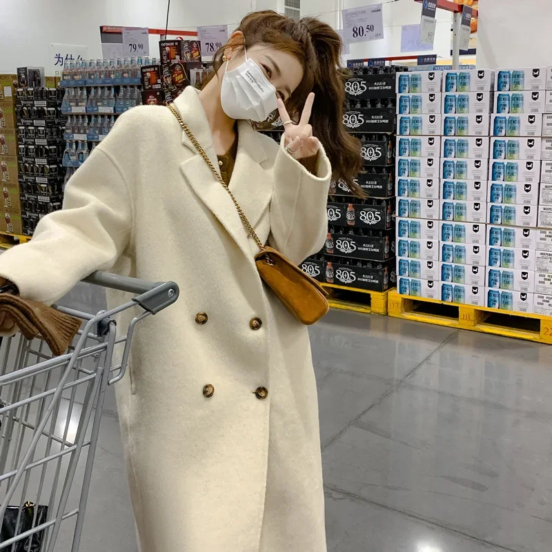 

SuperAen White Double-sided Wool Coat Women Autumn and Winter 2025 New Turn-down Collar Cashmere Oversize Loose Coat