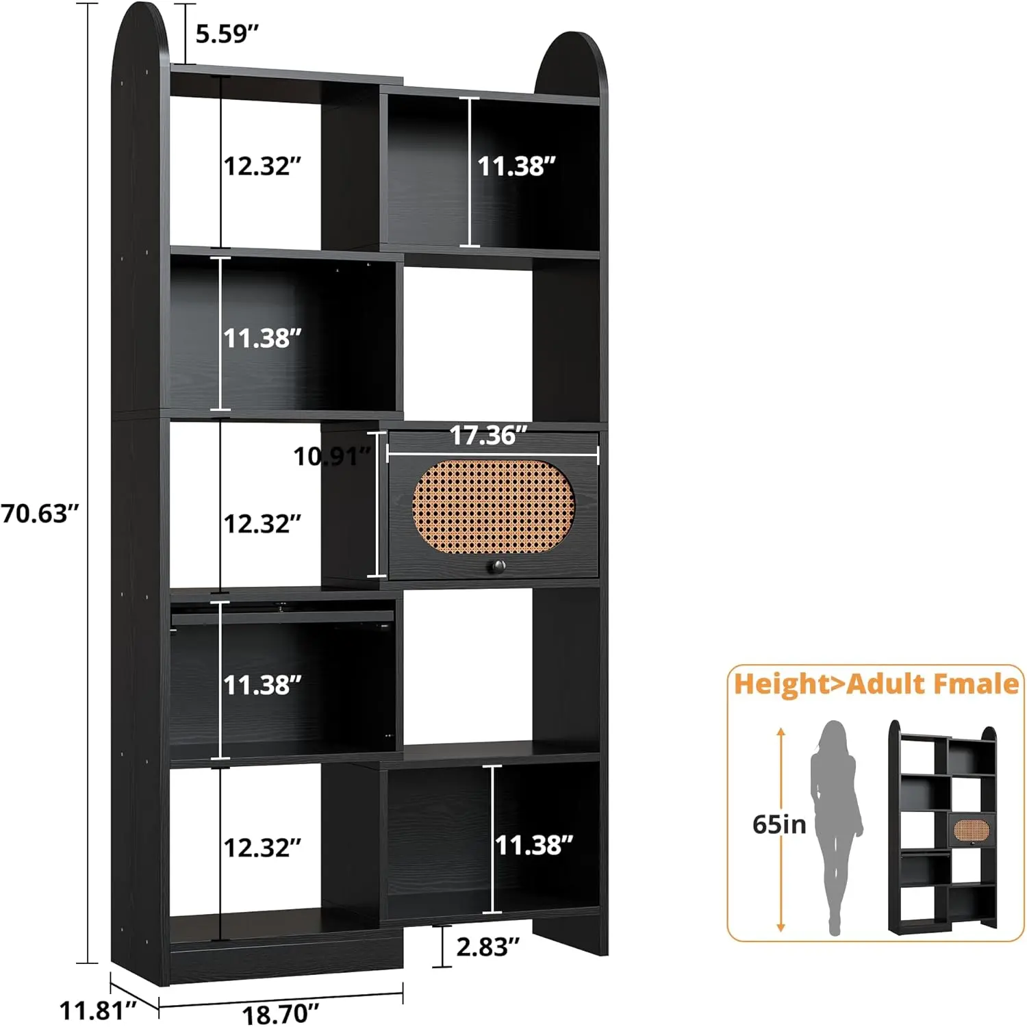 

IRONCK 35.4" Bookshelf and Bookcase with 2 Rattan Design Flip-top Storage Cabinets, 6 Tier Shelves Organizer for Living Room