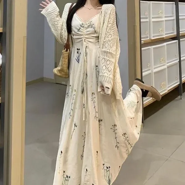 Spring Set Women's New Chinese-style Tight Waist Floral Sling Dress Lazy-style Hollow-out Cardigan
