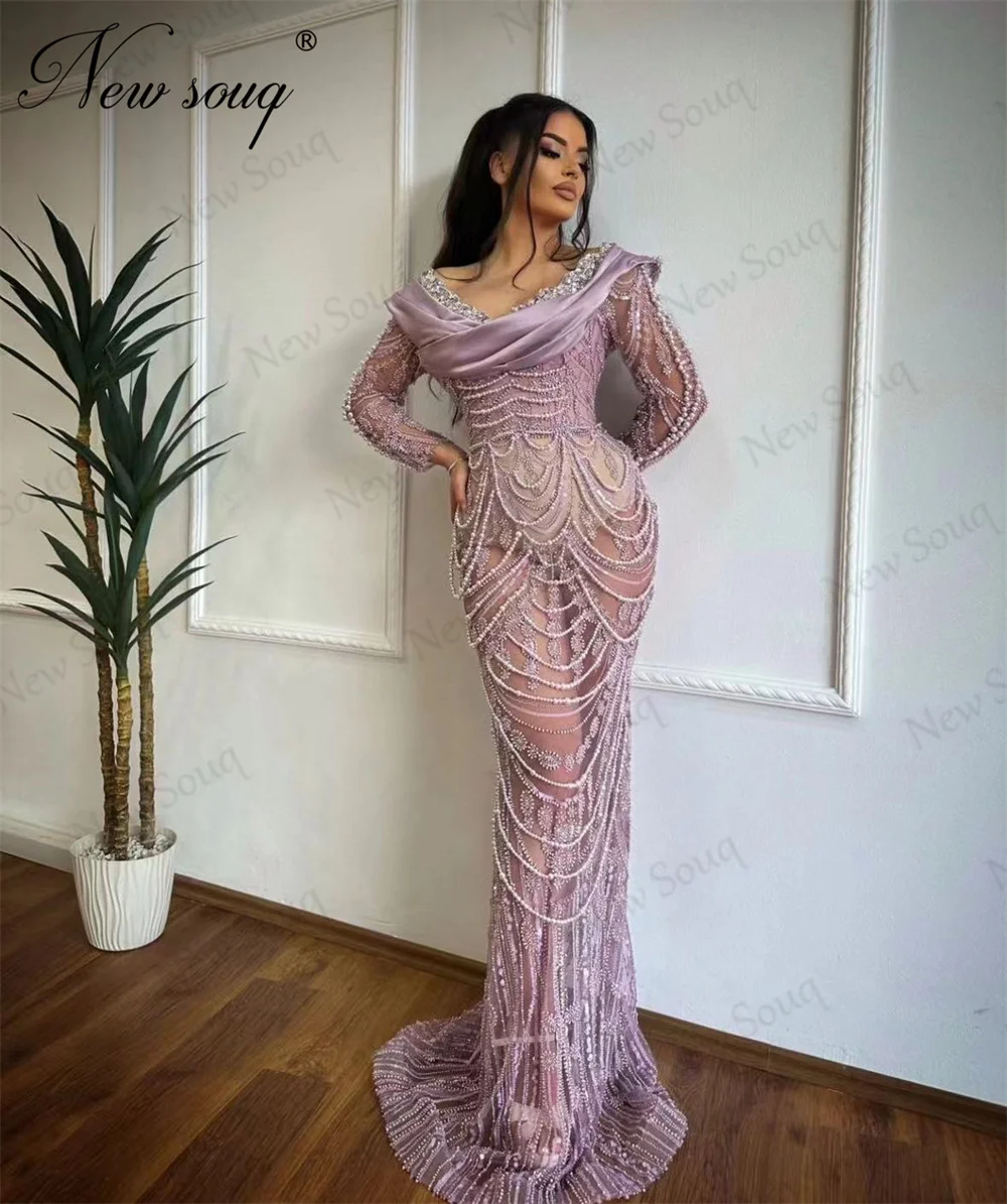 

See Through Purple Pearls Evening Gowns Kaftans Beading Custom Made Women Formal Occasion Dress Prom Party Dresses Robes Dubai