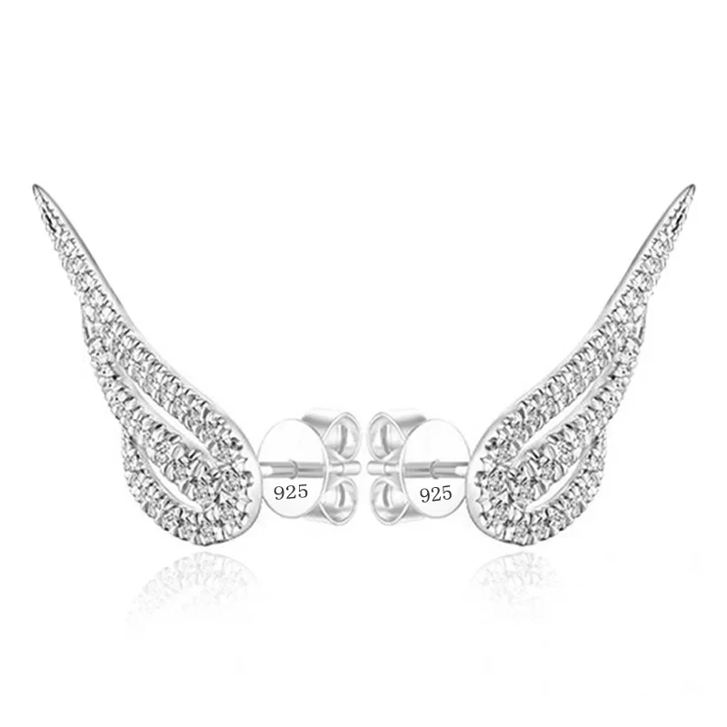 Genuine Platinum Plated Cute Angel Feather Fairy Stud Earrings 925 Silver Needle for Women Girl Fashion Cubic Zirconia Jewelry