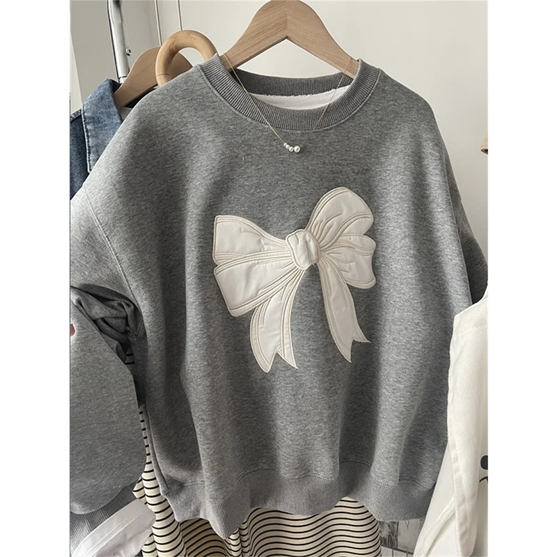 South korea Dongdaemun Heavy Industry Embroidery Bow round Neck Hoodie Women Spring and Autumn Thin Small Loose Short Top