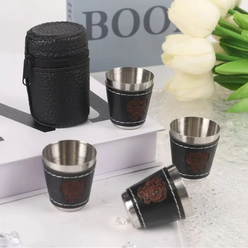 4pcs/set Outdoor Travel Cups Set Camping Tableware Stainless Steel Cup with PU Leather Portable Coffee Wine Beer Whisky Cup