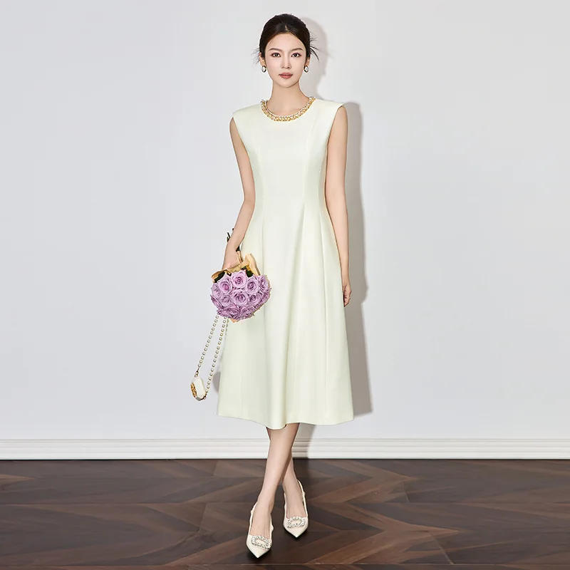 

2502702-Shenzhen Nanyou Heavy Industry Light Luxury Socialite Temperament Acetate Sleeveless Waist-Tight Dress Women'