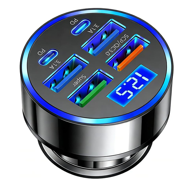  UYUXIO 250W USB C Car Charger Adapter with Volt Meter Multi Port Super Fast Charge with Voltage Display for iPhone Samsung 