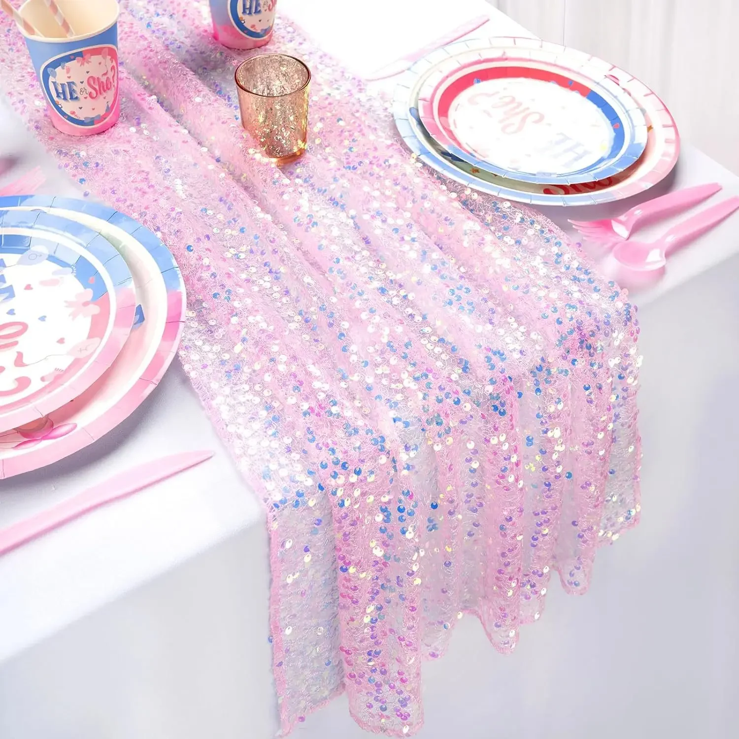 6pcs Glitter Iridescent Sequin Table Runner Soft Wedding Dining Tablecloth Decoration For Bridal Shower Girls Birthday Party