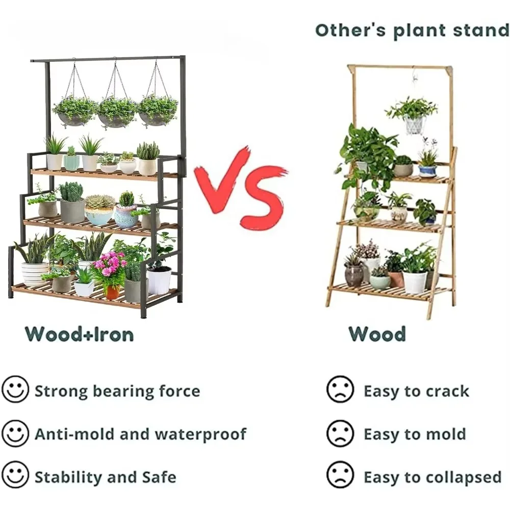 Hanging Plant Shelves Indoor 3-Tier Stand with Bar,Flower Pot Organizer for Multiple Plants, Wood Rack with Metal Frame