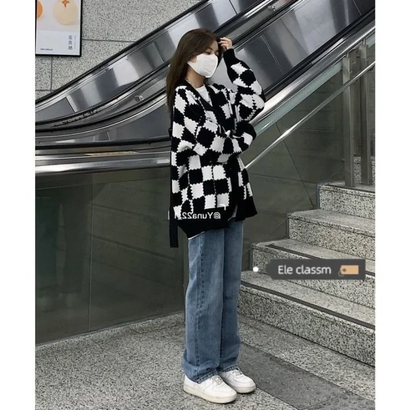 2023 Autumn/Winter New Checkerboard Pattern Loose Thickened Knitted Sweater Jeans Two Piece Set Lazy Fashion