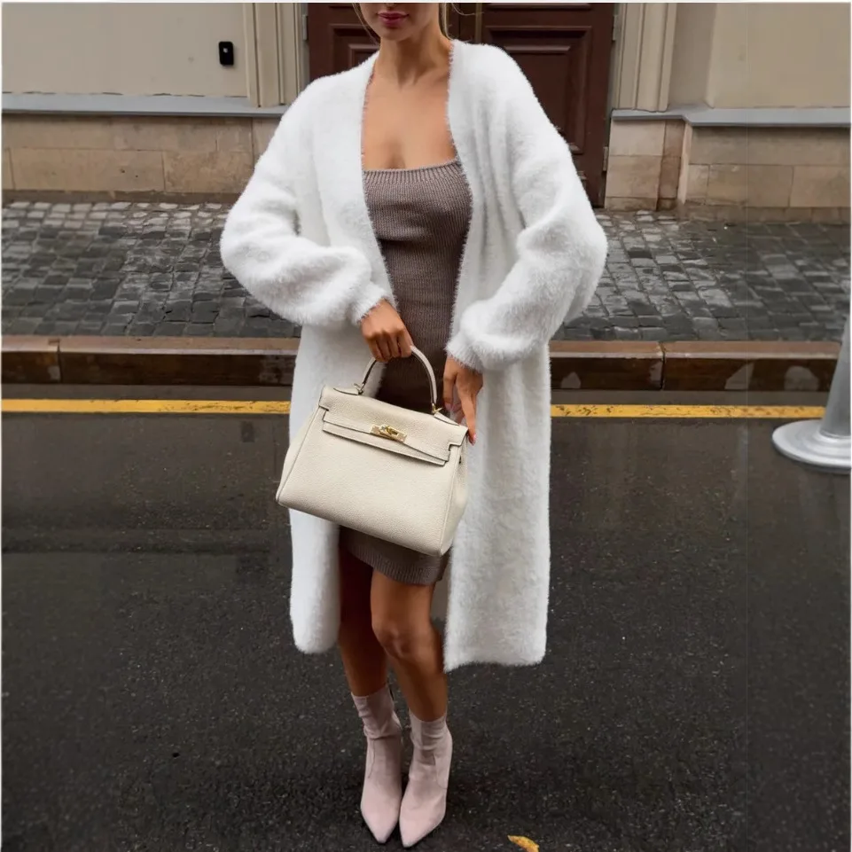 

Long Cardigan Women Knit Full Sleeve Solid V Neck Loose Sweaters Casual Thick Open Stitch Jumpers Splice Autumn Winter 2025